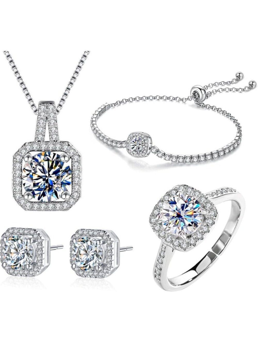 Elegant 4-Piece Cubic Zirconia Jewelry Set - Necklace, Earrings, Bracelet & Ring